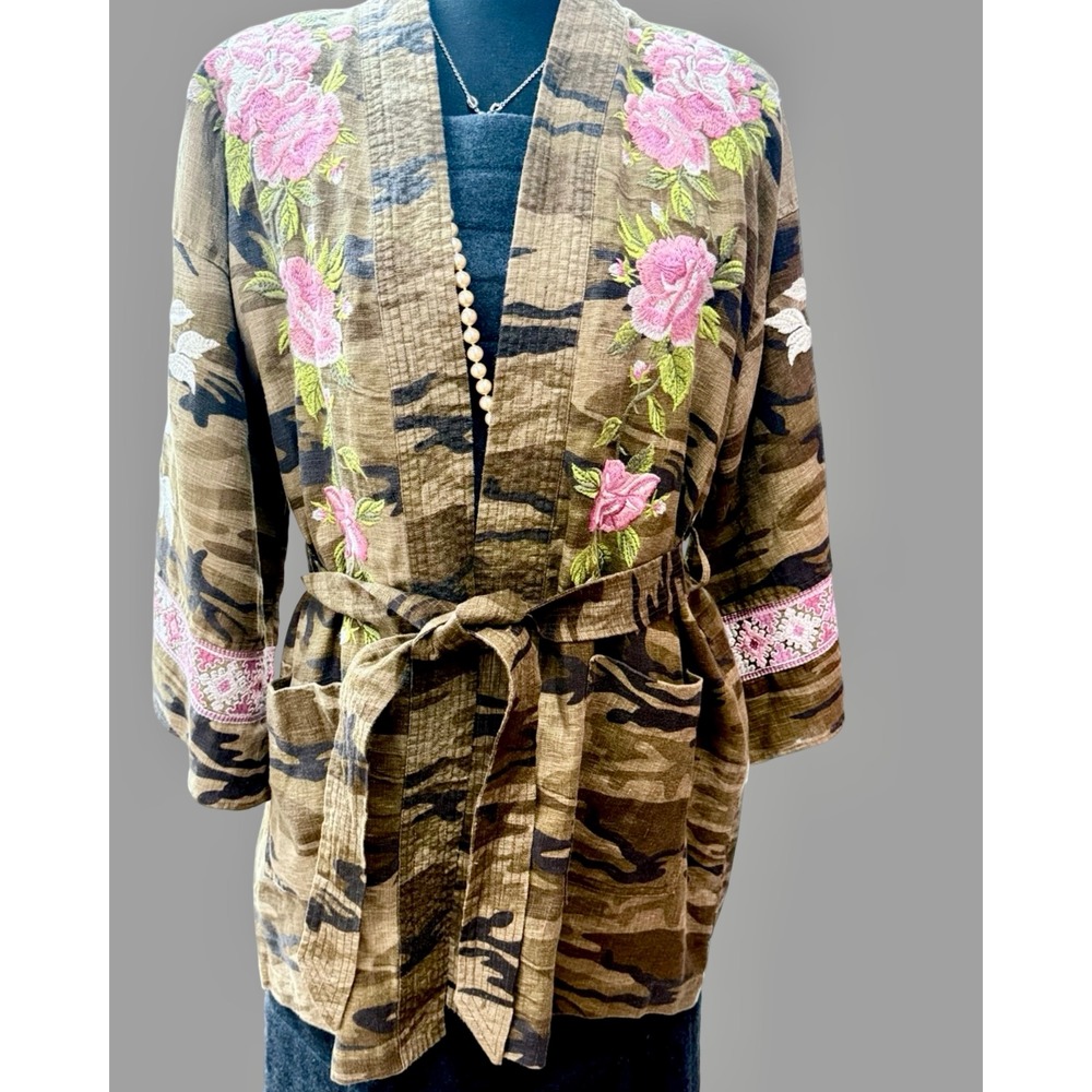 Johnny Was Molly Embroidered Camo Linen Tie Waist Kimono Size L